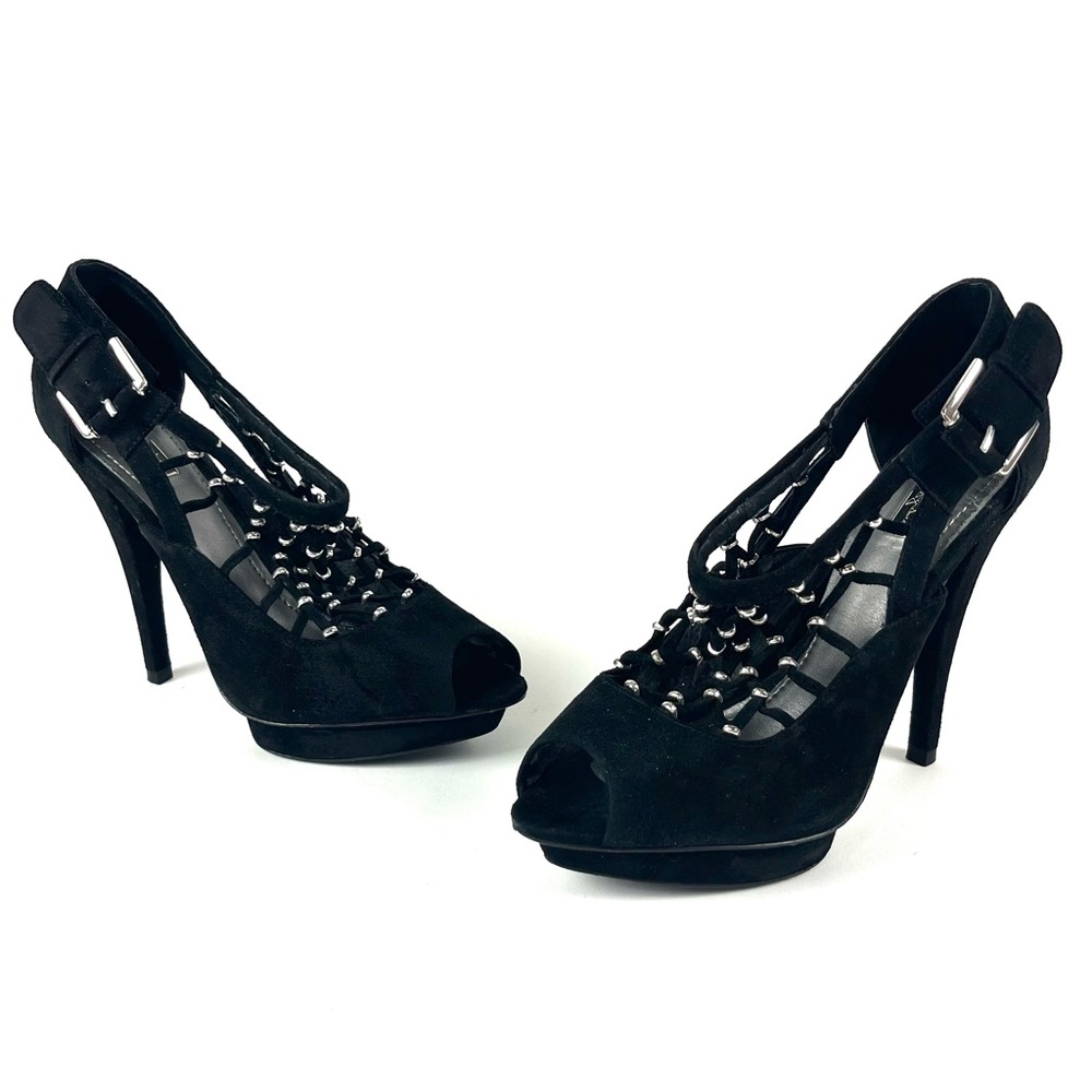 Report Signature Black Suede Caged Peep Toe Platform Heels